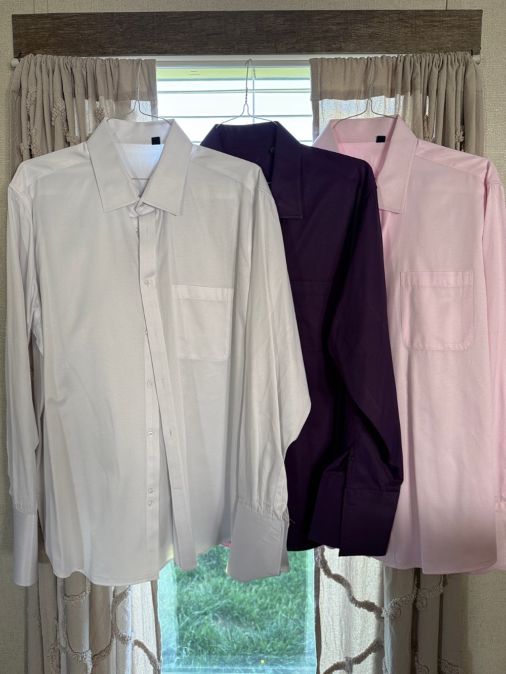 3 Men's Long-Sleeve Dress Shirts- White, Purple, Pink